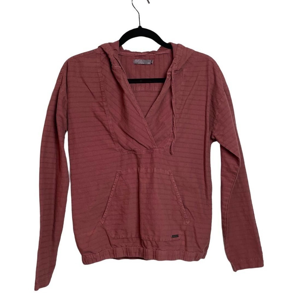 🍀Prana Tuscan Red Textured Cotton Pullover Hooded Cotton Top Women’s Size XS